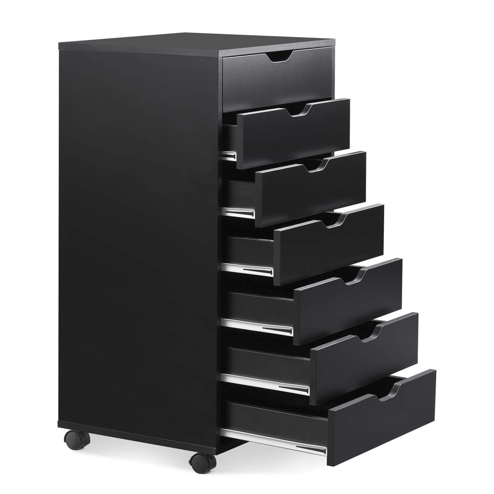 Black Dresser with 7 Drawers, Sesslife Wood Dresser for Bedroom Living Room Office, 34.5" Tall Dresser with Removable 360° Casters, Modern Nightstand, Space Saver Standing Organizer