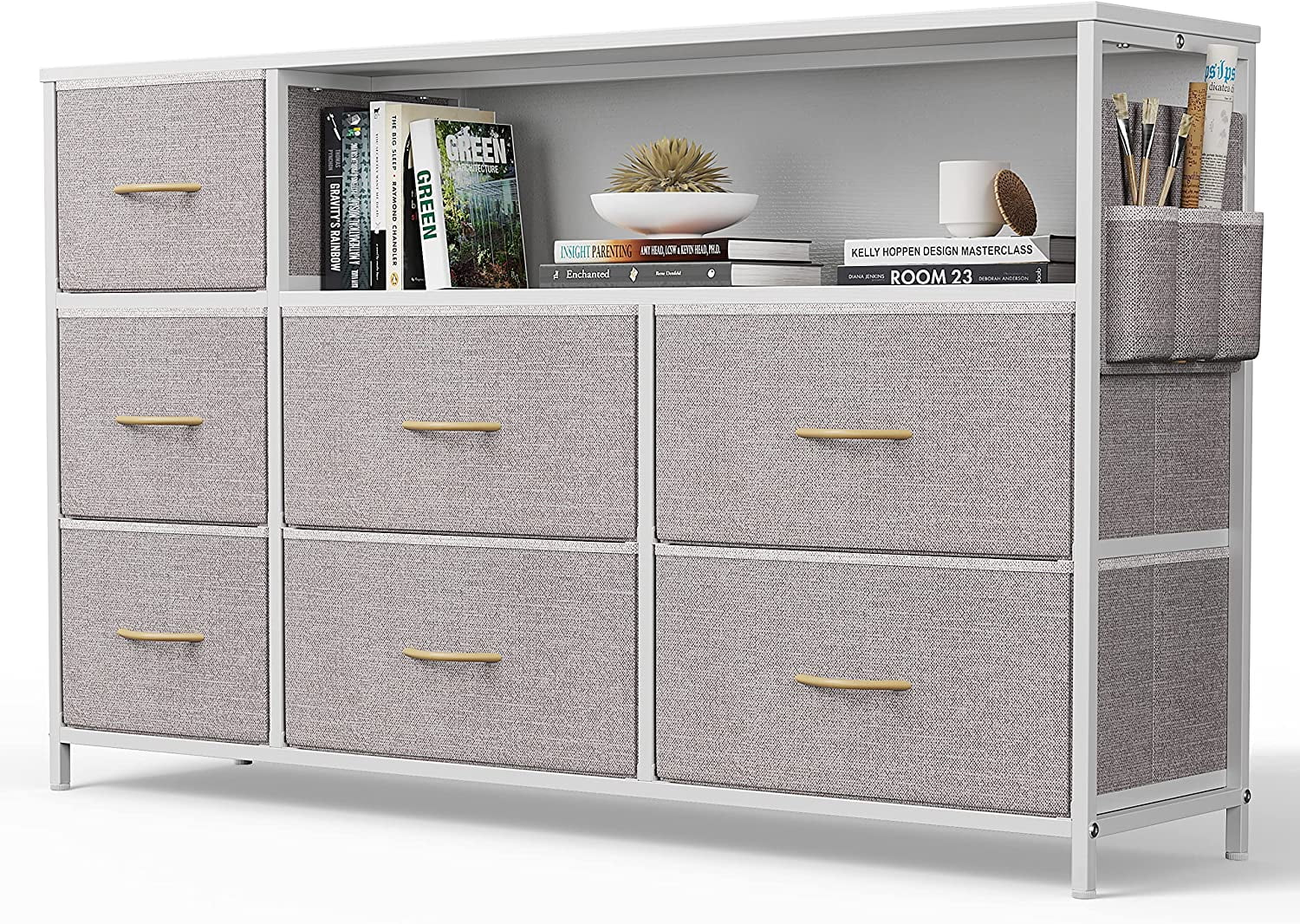 CubiCubi Dresser for Bedroom with 7 Drawers, Kids Dressers, TV Stand, Wide Chest of Drawers with Shelves for Closet, Morden TV Stand for 55+ Inch TV for Living Room, Gray, Wood, Alloy Steel, Plastic