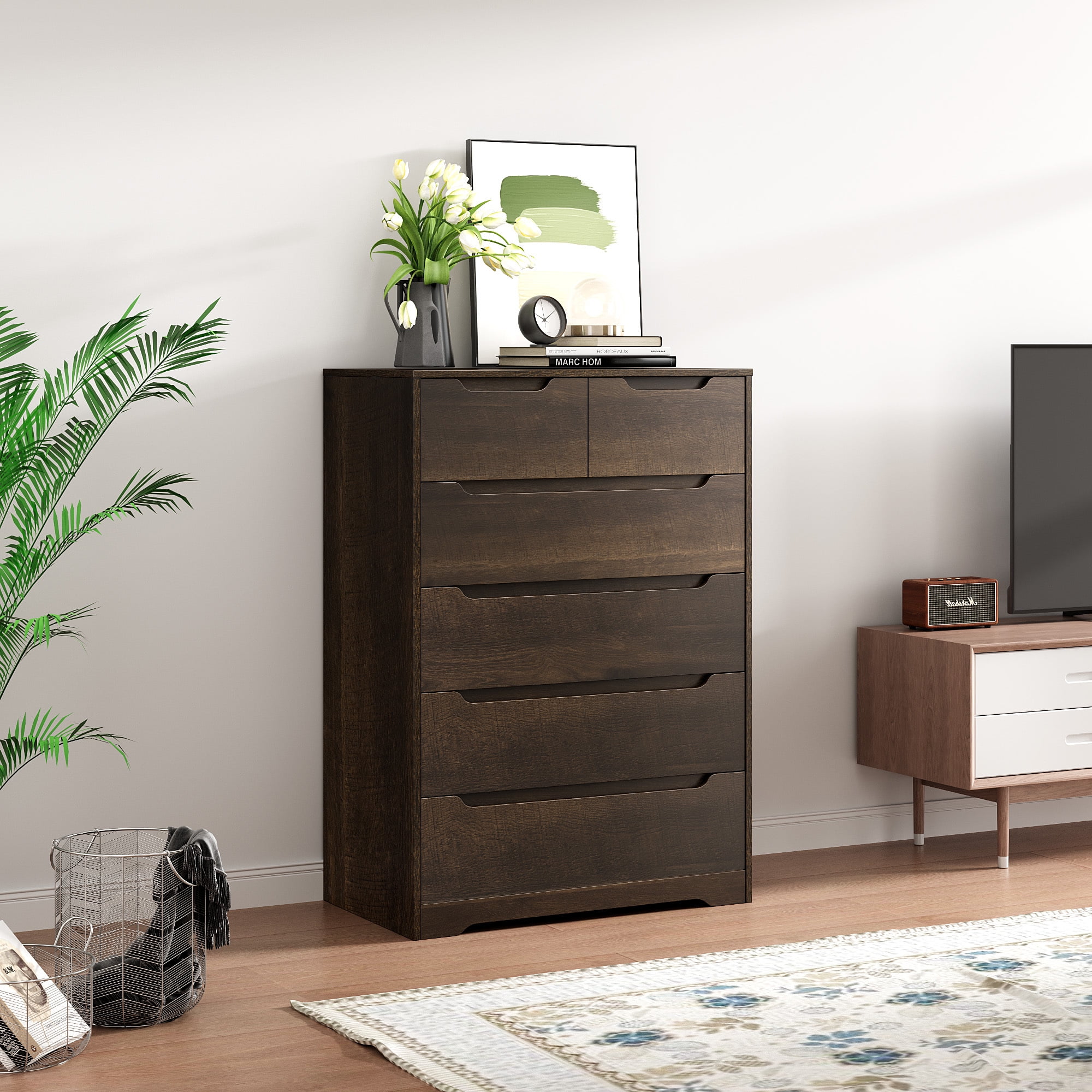 Homfa 6 Drawer Bedroom Dresser, Tall Storage Cabinet Chest of Drawers for Living Room, Dark Brown